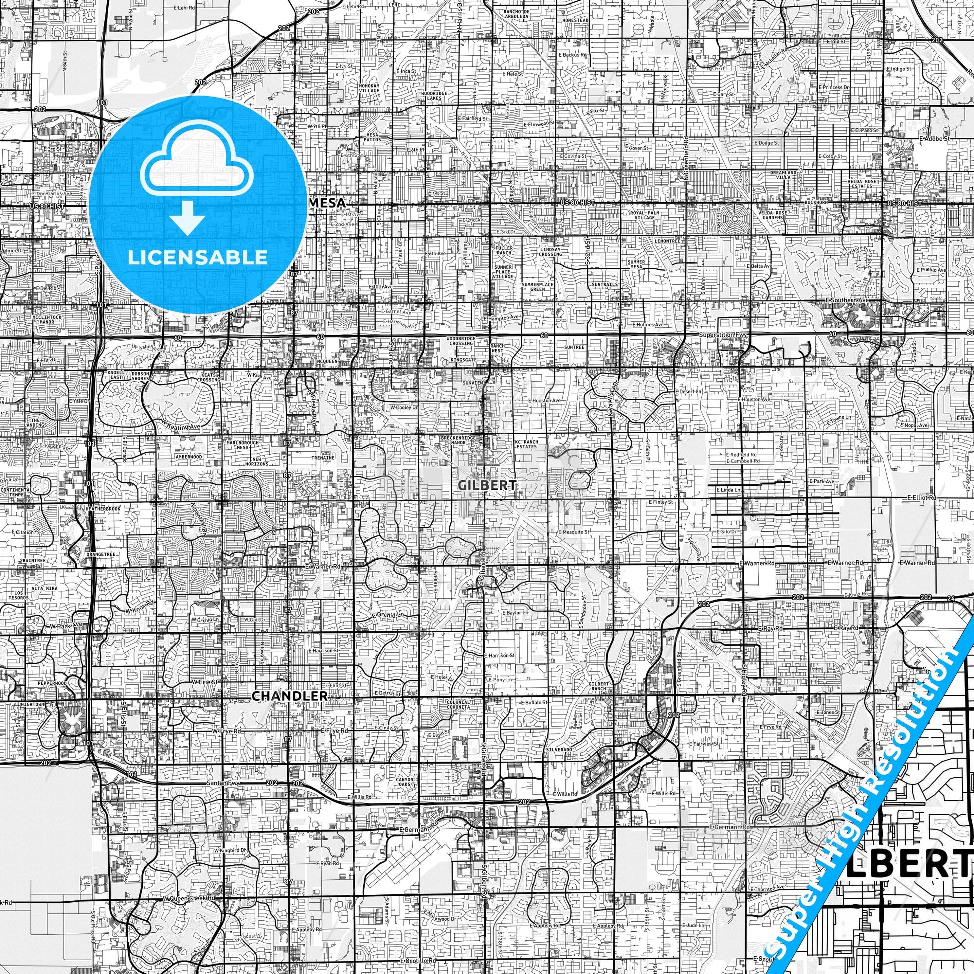 Gilbert, Arizona light map with streetnames, citynames and districts