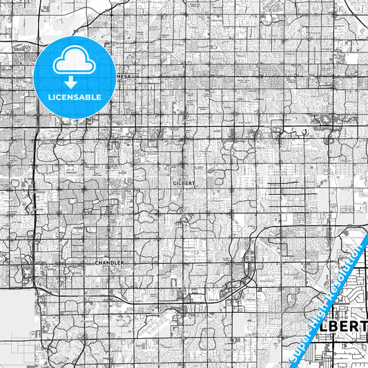 Gilbert, Arizona light map with streetnames, citynames and districts