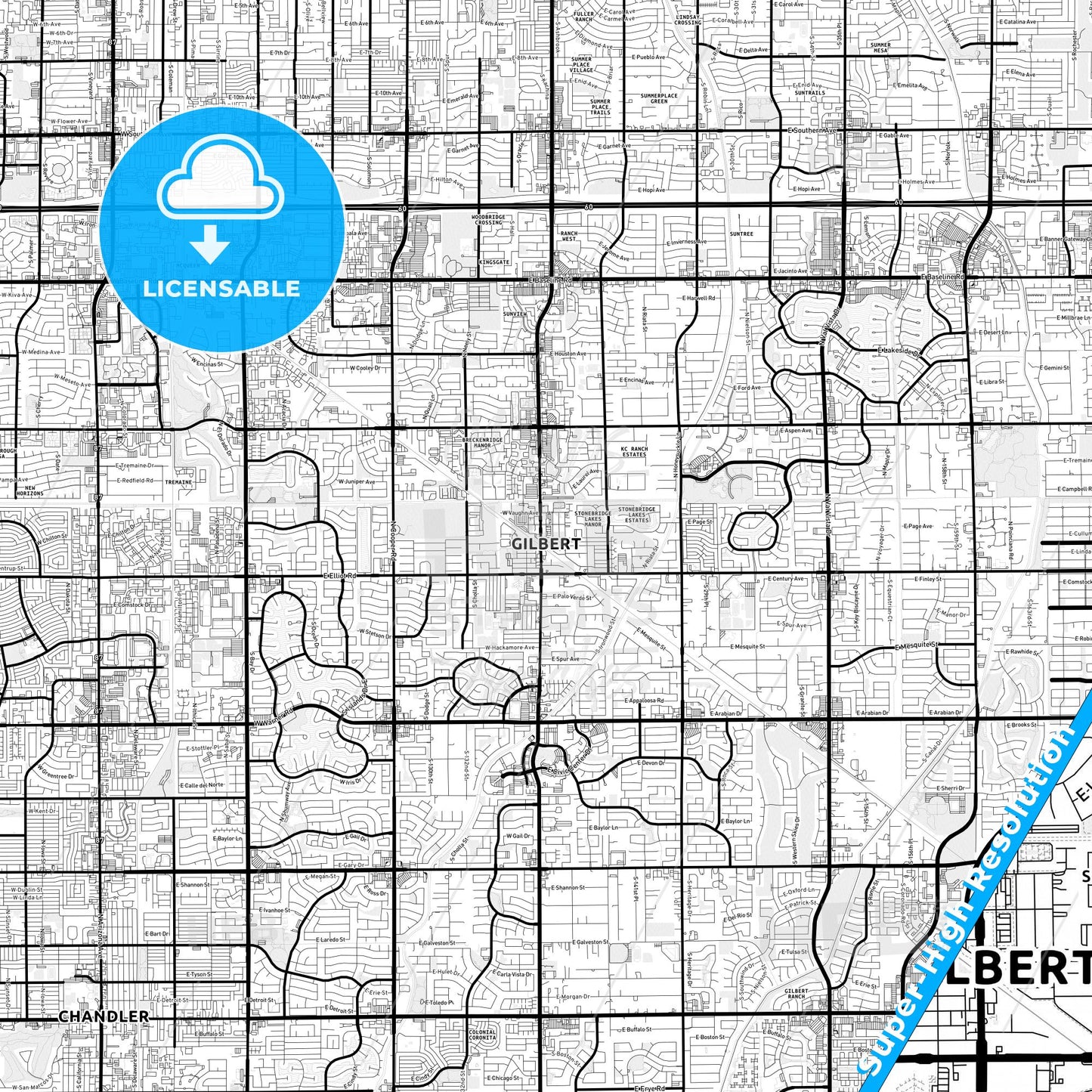 Gilbert, Arizona Light Map with Street Names, City Names, and Districts