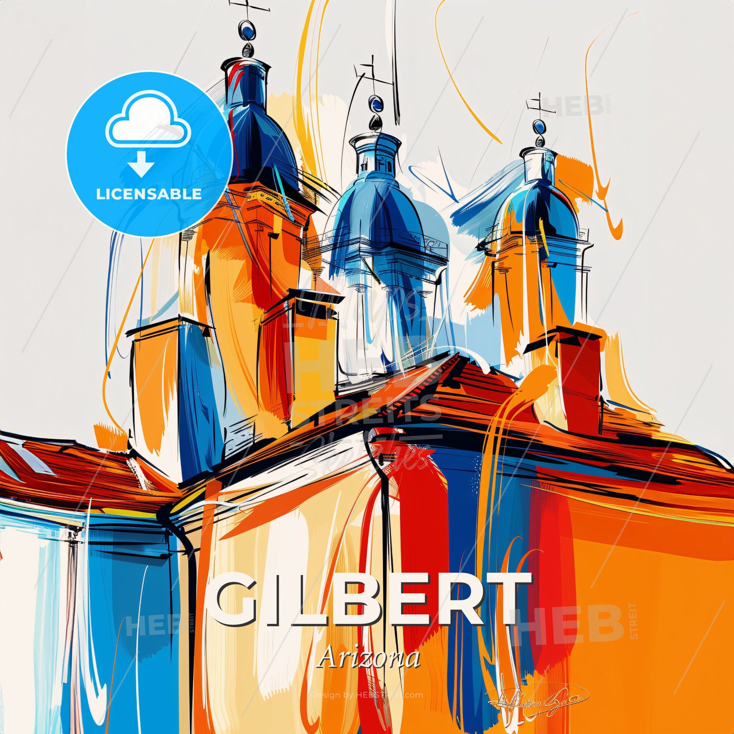 Vibrant Gilbert, Arizona - A Painting Of A Building With Blue Domes - Square format print template