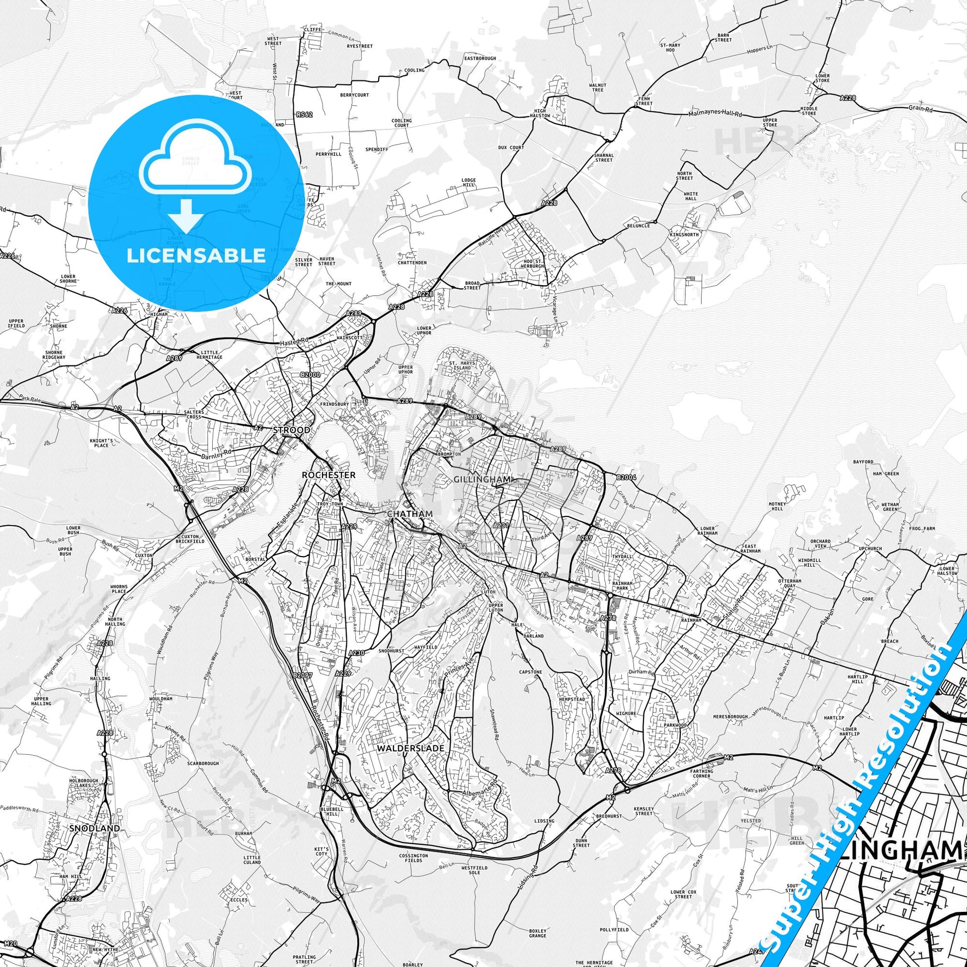 Gillingham, England light map with streetnames, citynames and districts