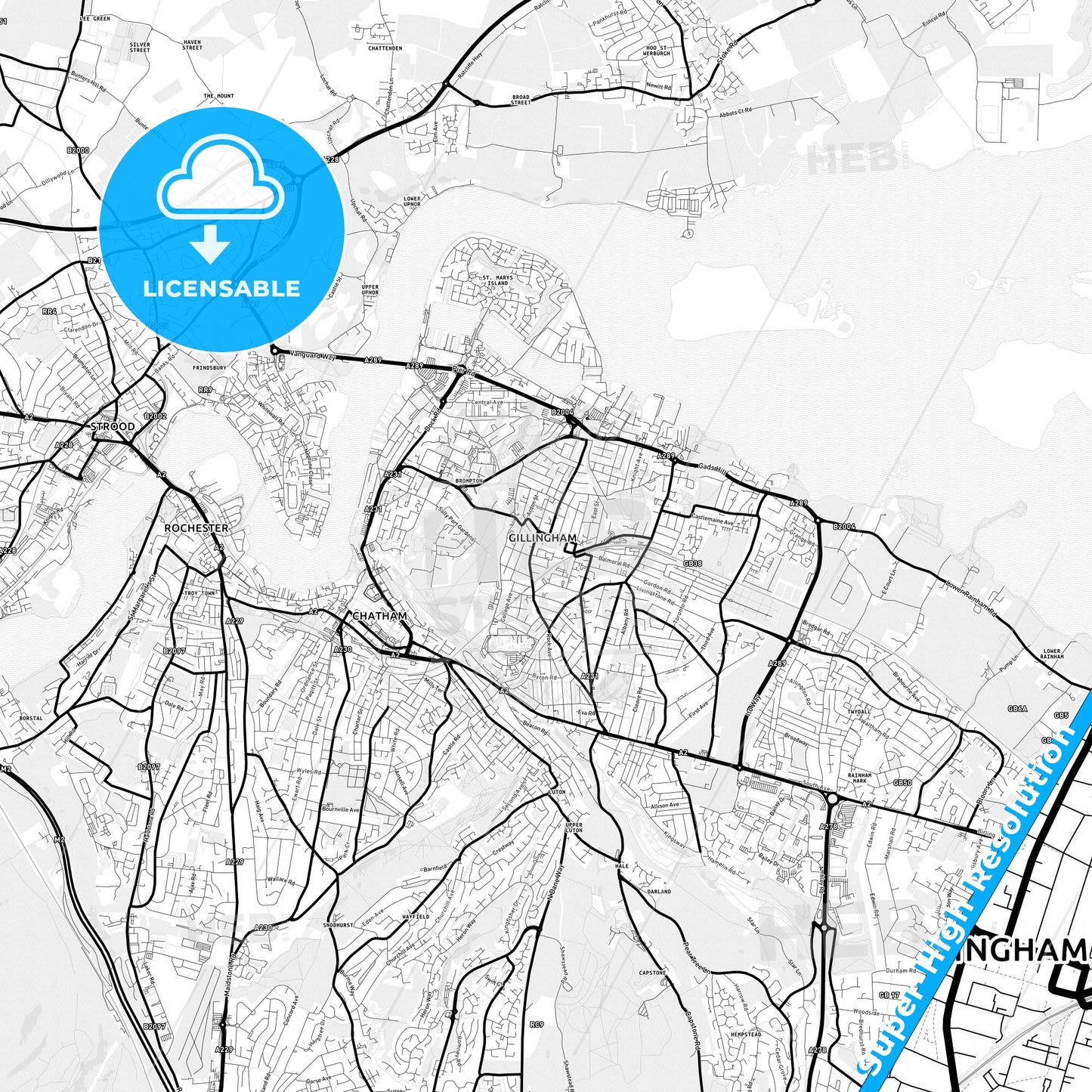 Gillingham, England Light Map with Street Names, City Names, and Districts