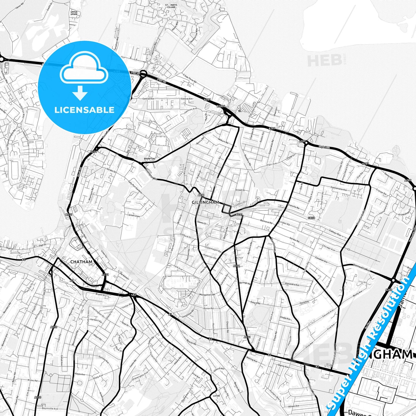 Gillingham, England Light Map with Street Names, City Names, and Districts
