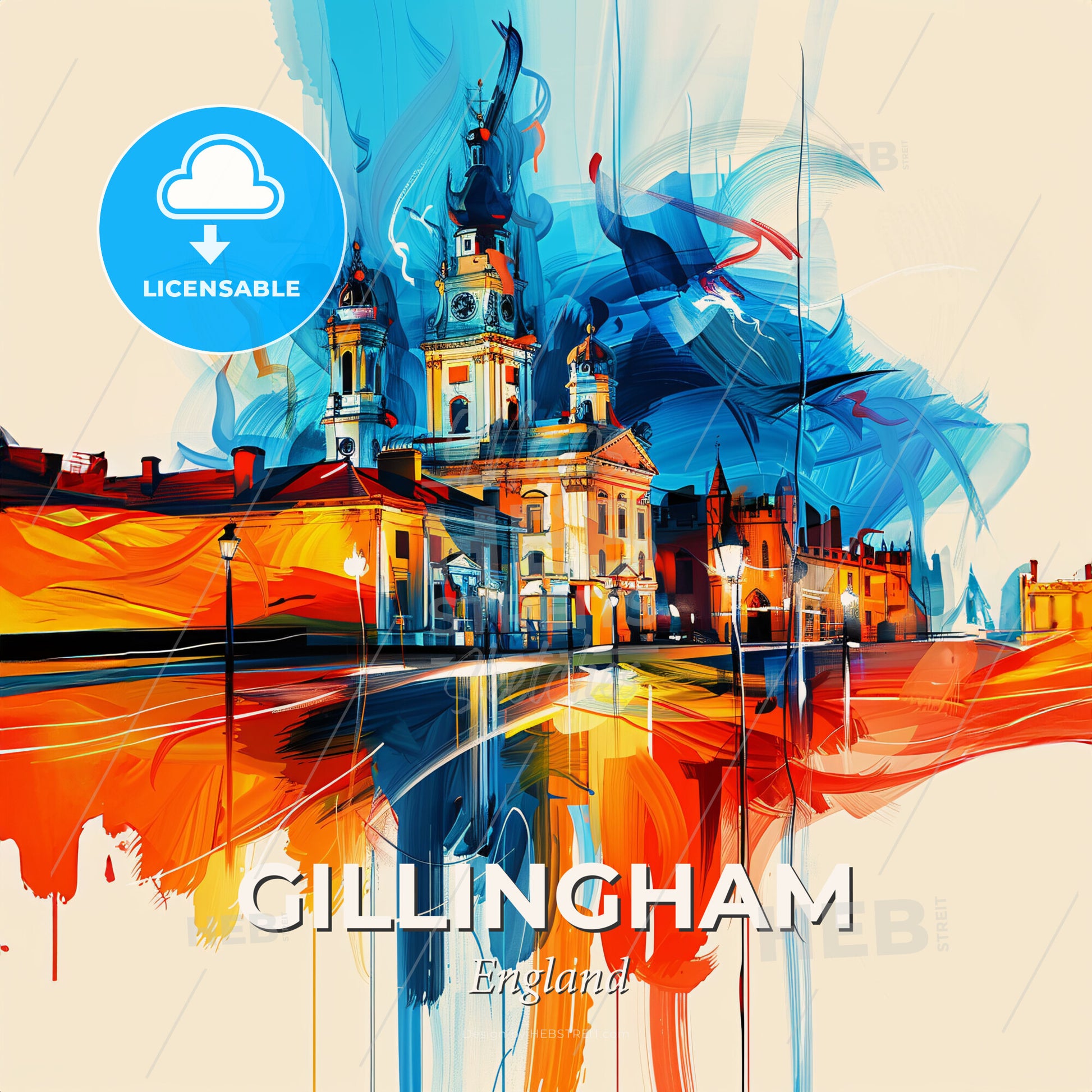 Vibrant Gillingham, England - A Painting Of A Building With A Tower And A Street Light - Square format print template
