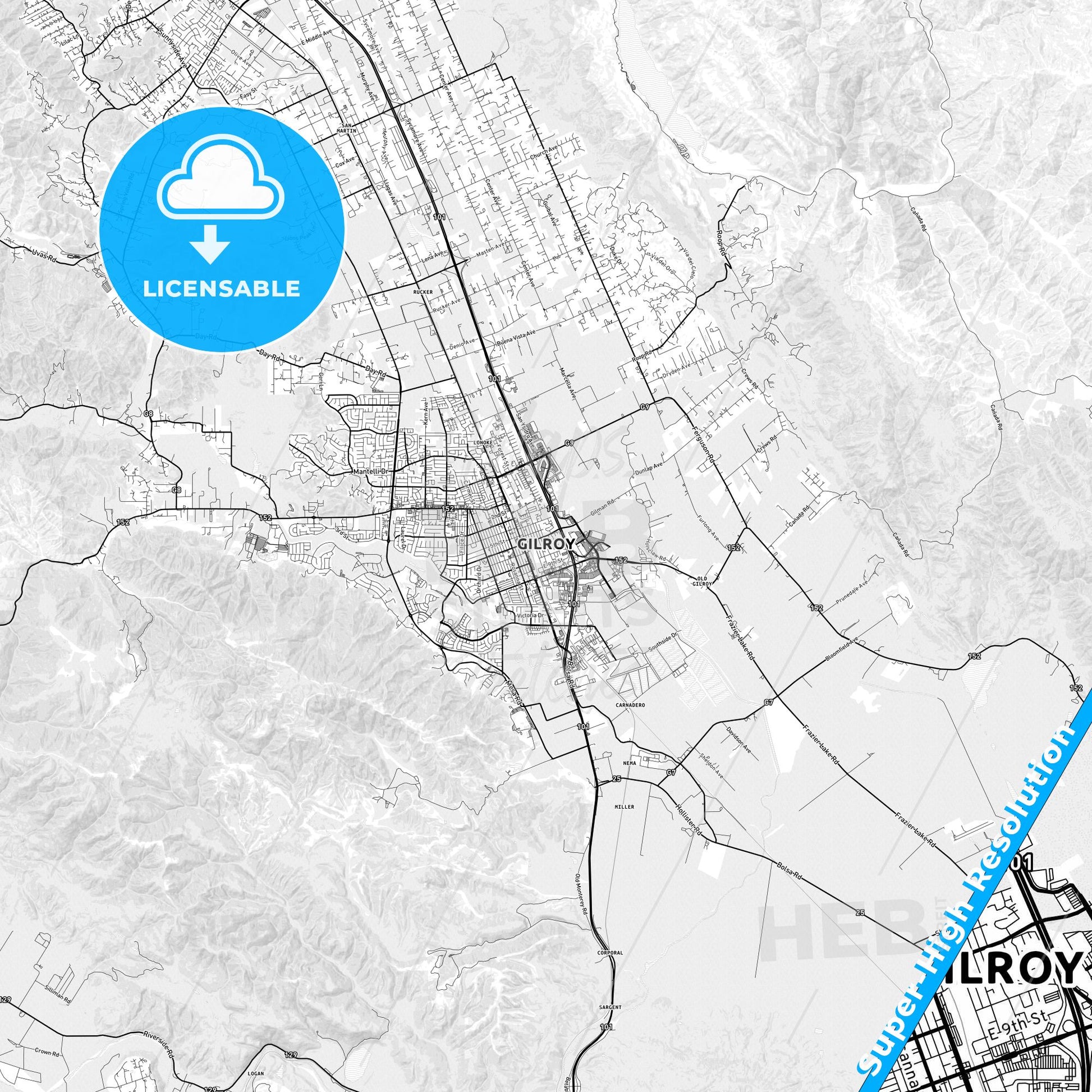 Gilroy, California light map with streetnames, citynames and districts