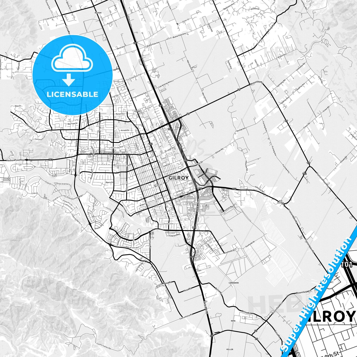 Gilroy, California Light Map with Street Names, City Names, and Districts