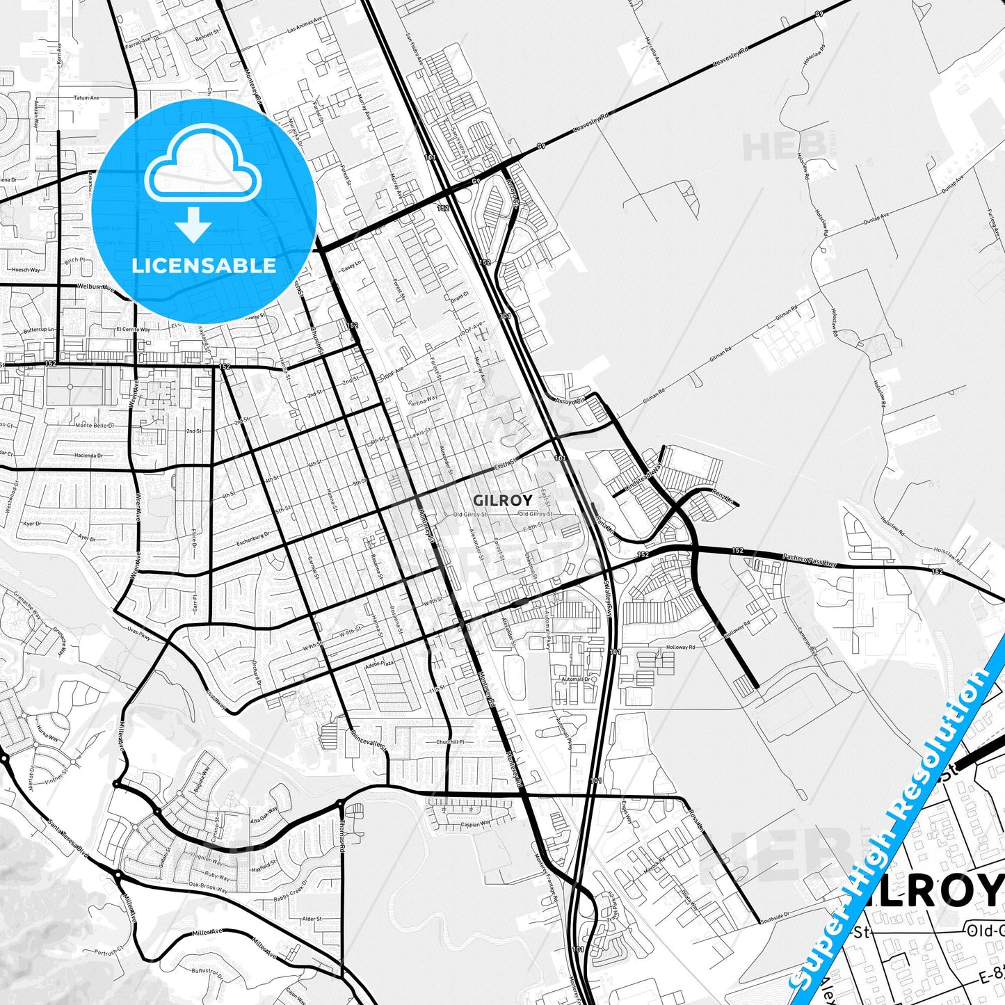 Gilroy, California Light Map with Street Names, City Names, and Districts