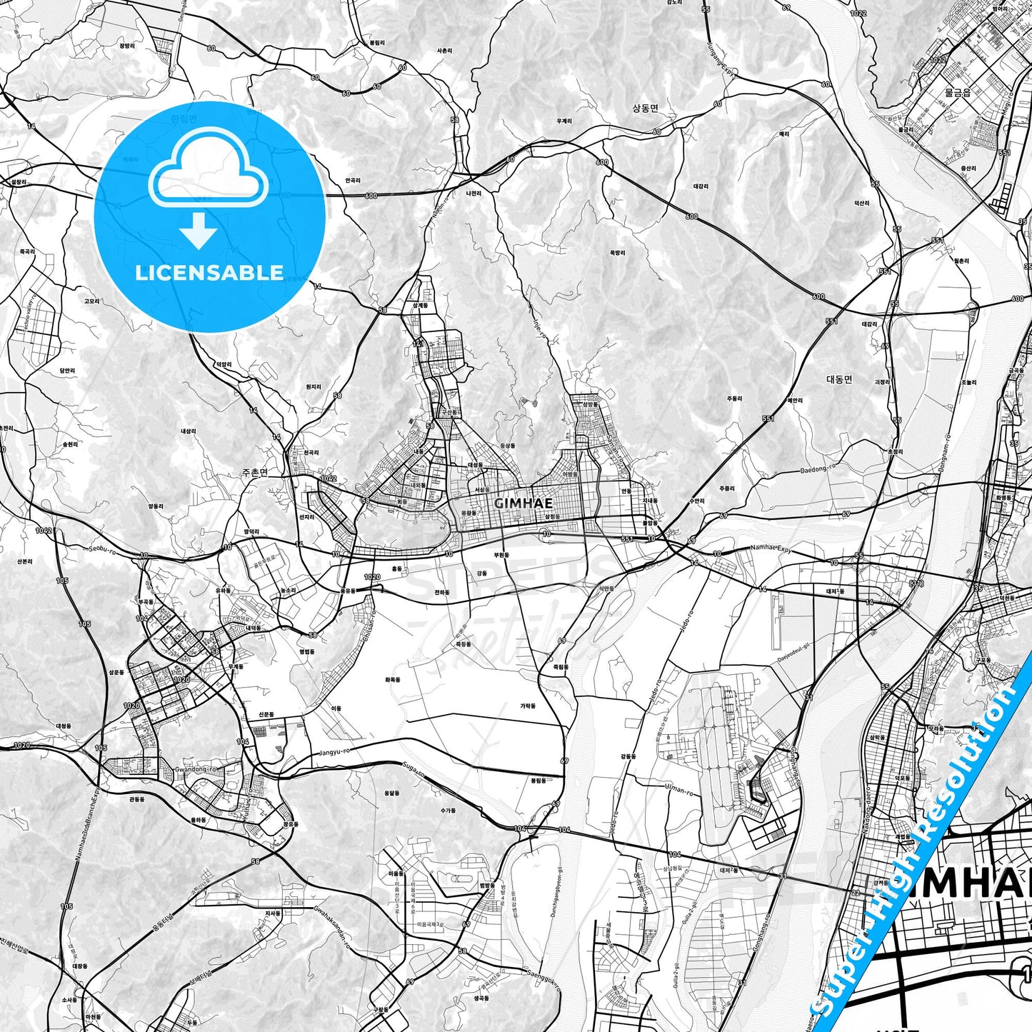 Gimhae, South Korea light map with streetnames, citynames and districts