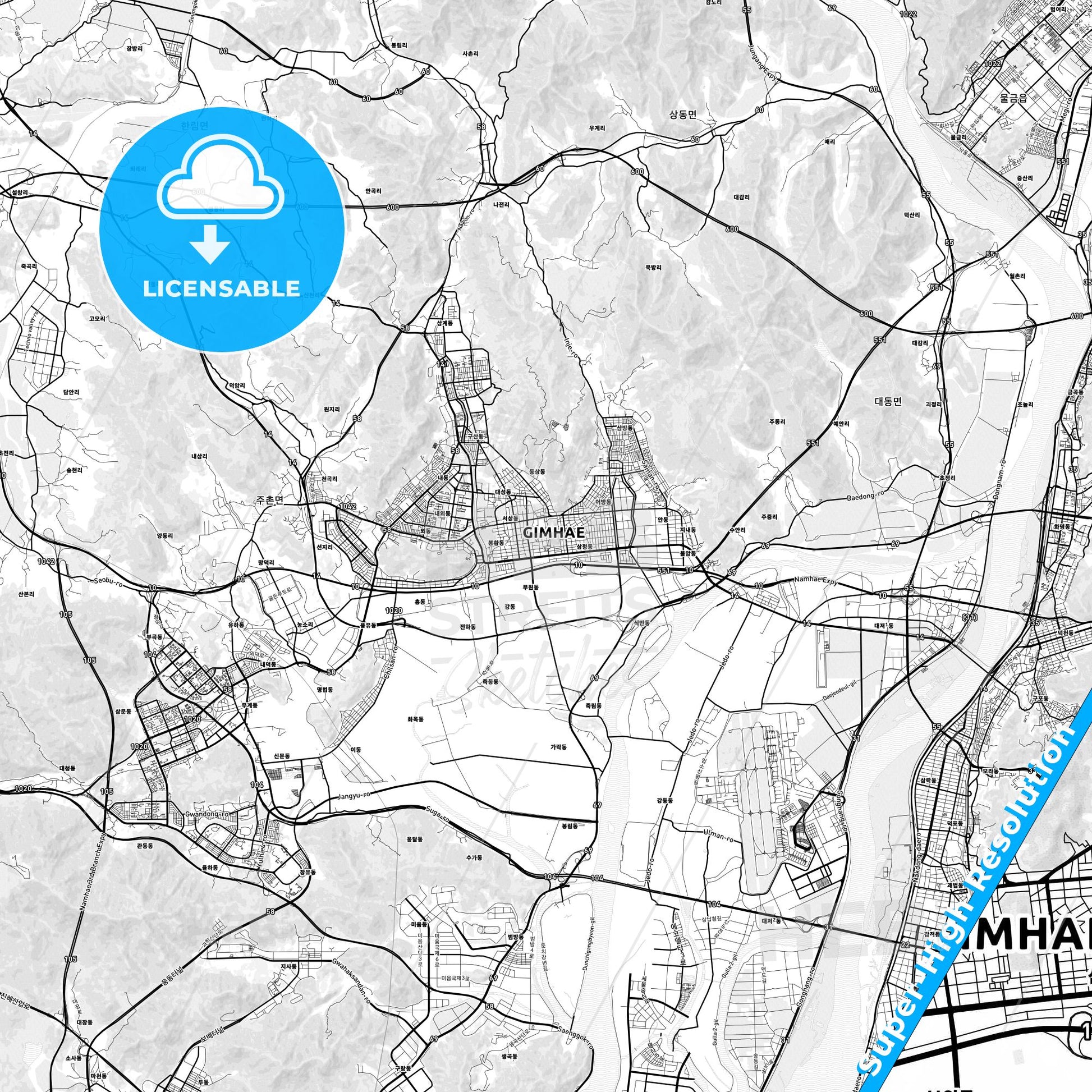 Gimhae, South Korea light map with streetnames, citynames and districts