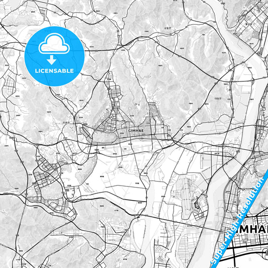 Gimhae, South Korea light map with streetnames, citynames and districts