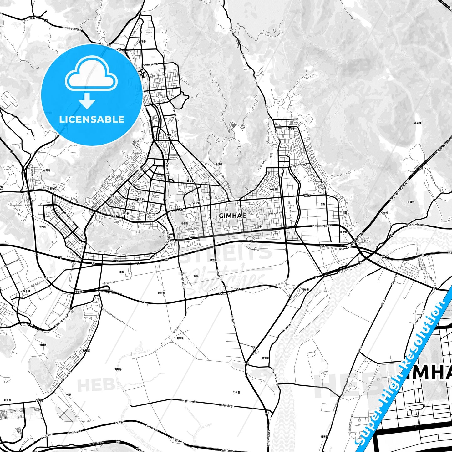 Gimhae, South Korea Light Map with Street Names, City Names, and Districts