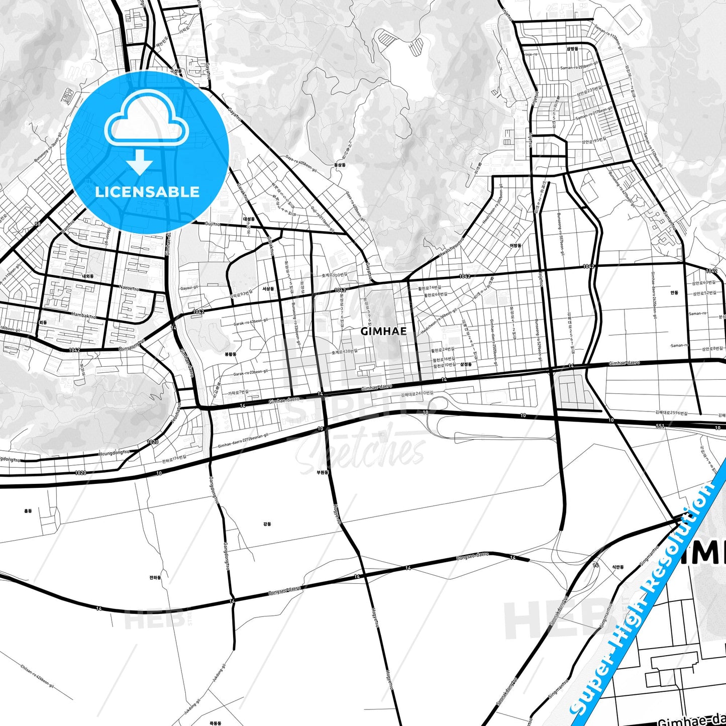 Gimhae, South Korea Light Map with Street Names, City Names, and Districts