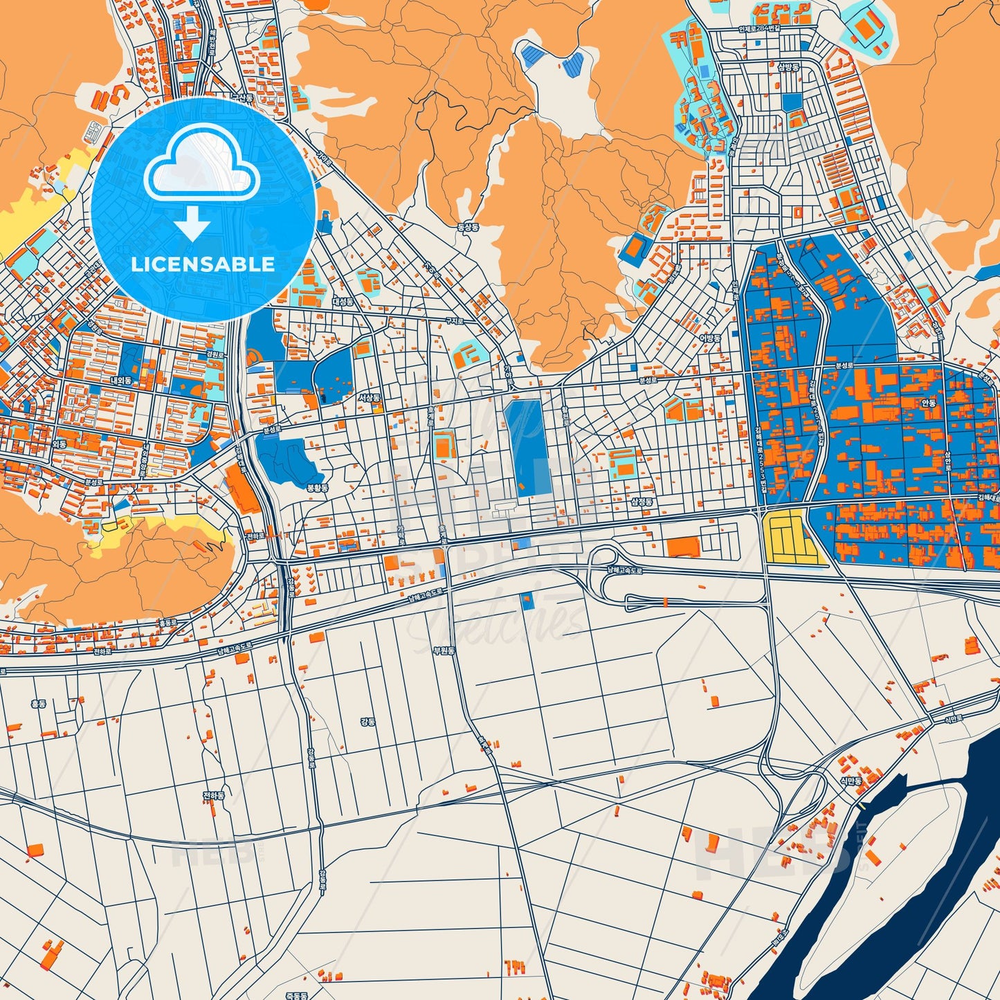 Colorful Gimhae Street Map with Labels and Buildings