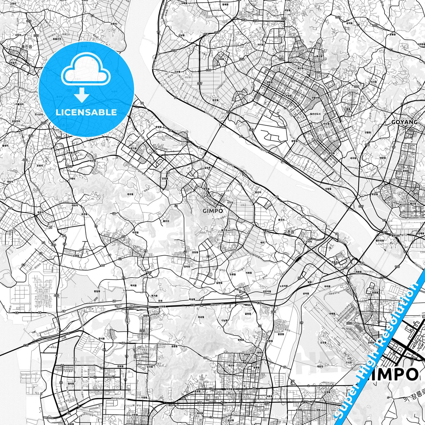 Gimpo, South Korea light map with streetnames, citynames and districts