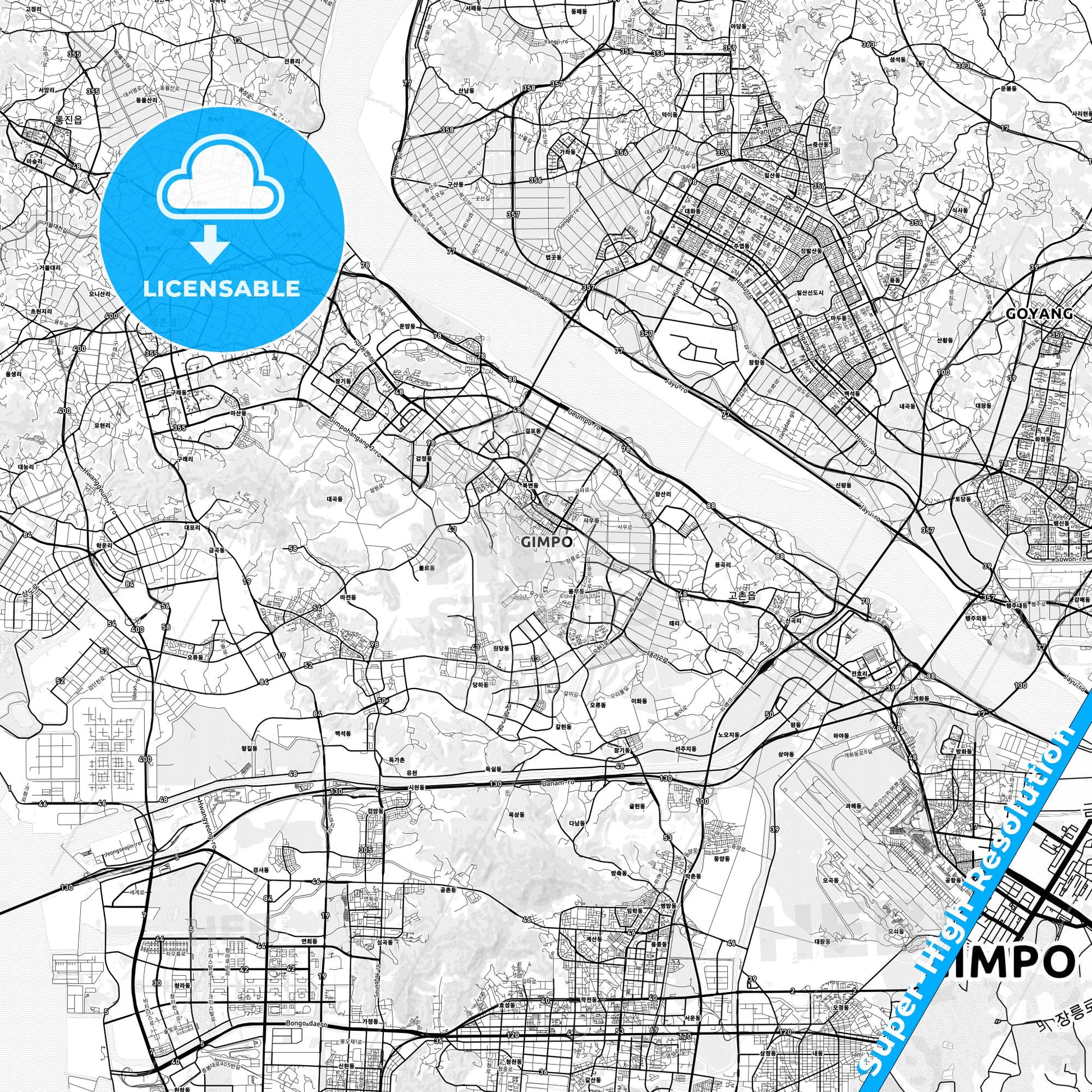 Gimpo, South Korea light map with streetnames, citynames and districts