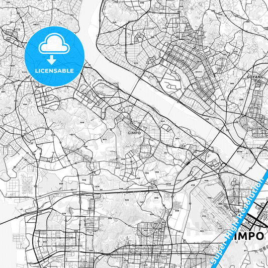 Gimpo, South Korea light map with streetnames, citynames and districts