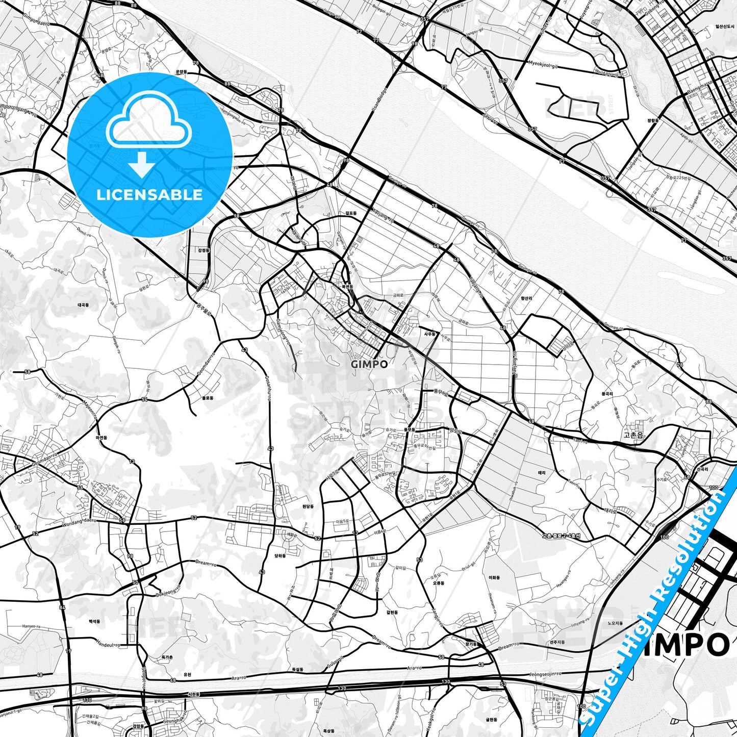 Gimpo, South Korea Light Map with Street Names, City Names, and Districts