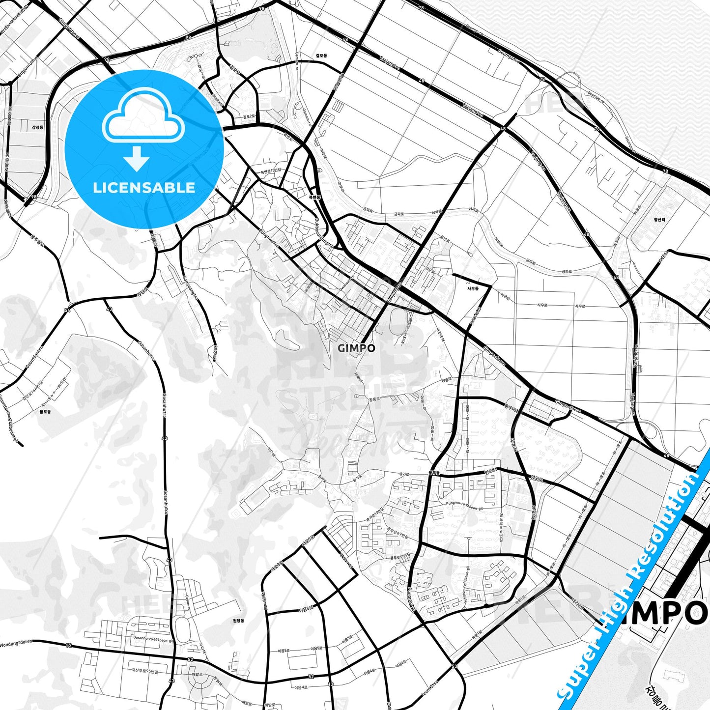 Gimpo, South Korea Light Map with Street Names, City Names, and Districts