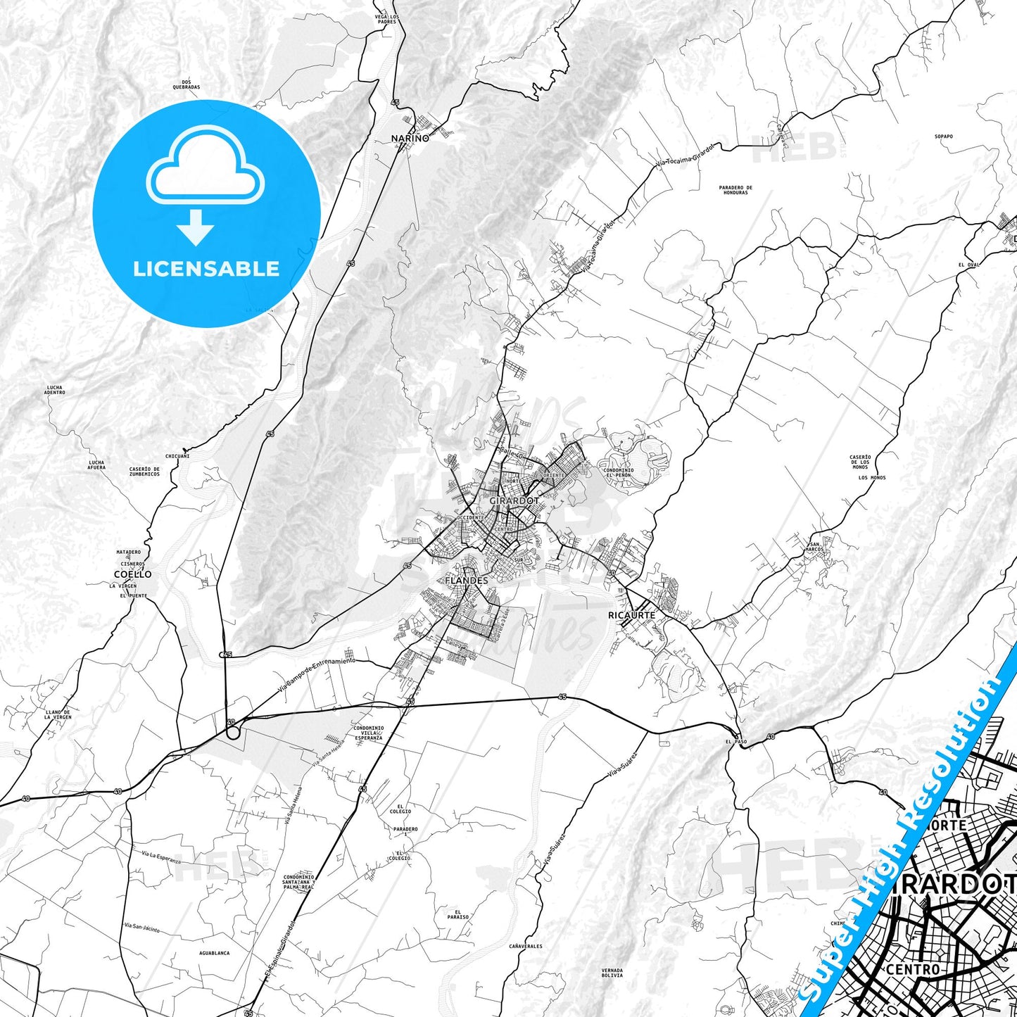Girardot City, Colombia light map with streetnames, citynames and districts