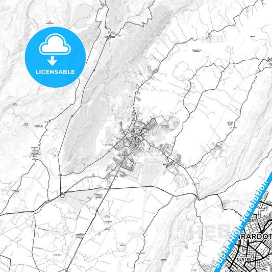 Girardot City, Colombia light map with streetnames, citynames and districts