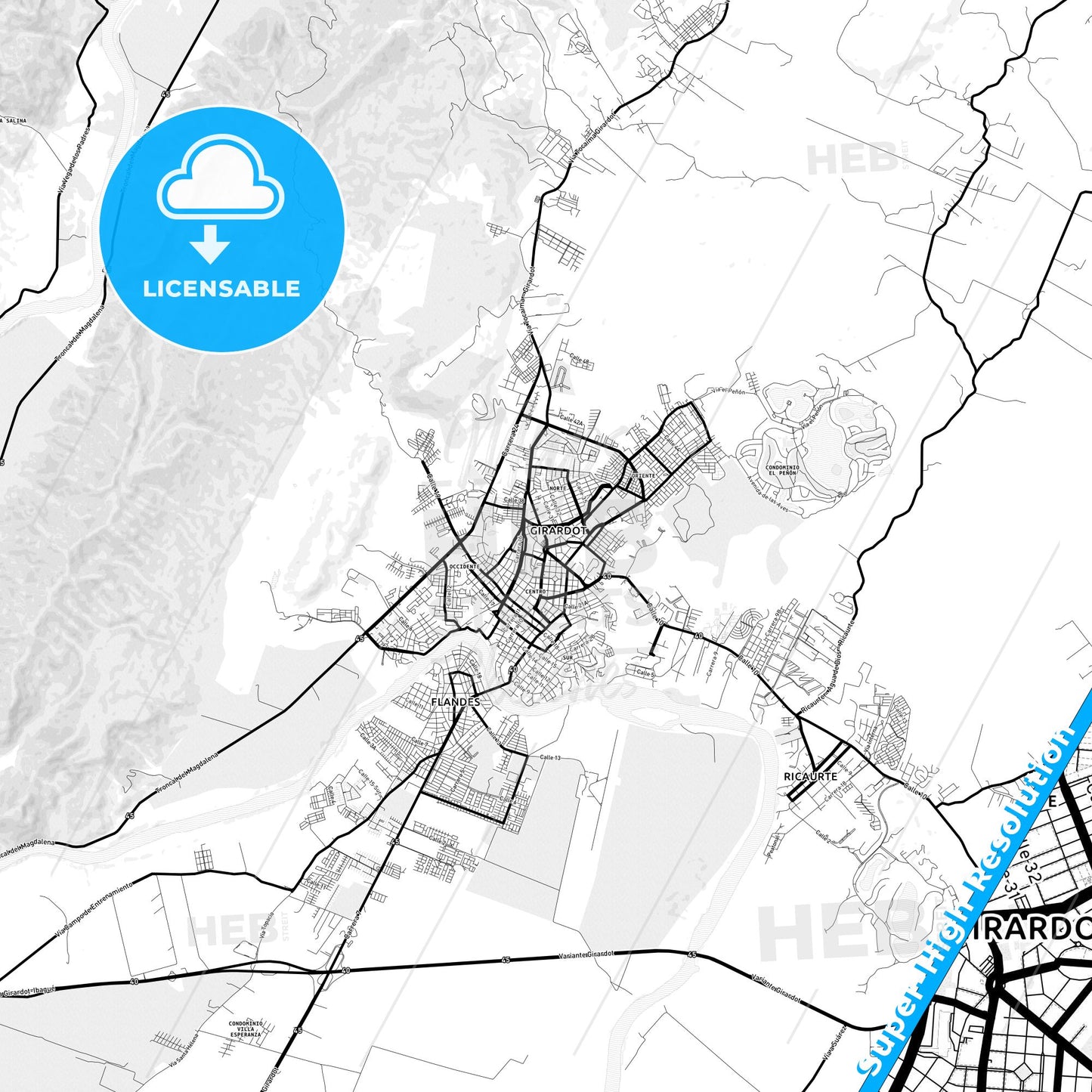 Girardot City, Colombia Light Map with Street Names, City Names, and Districts