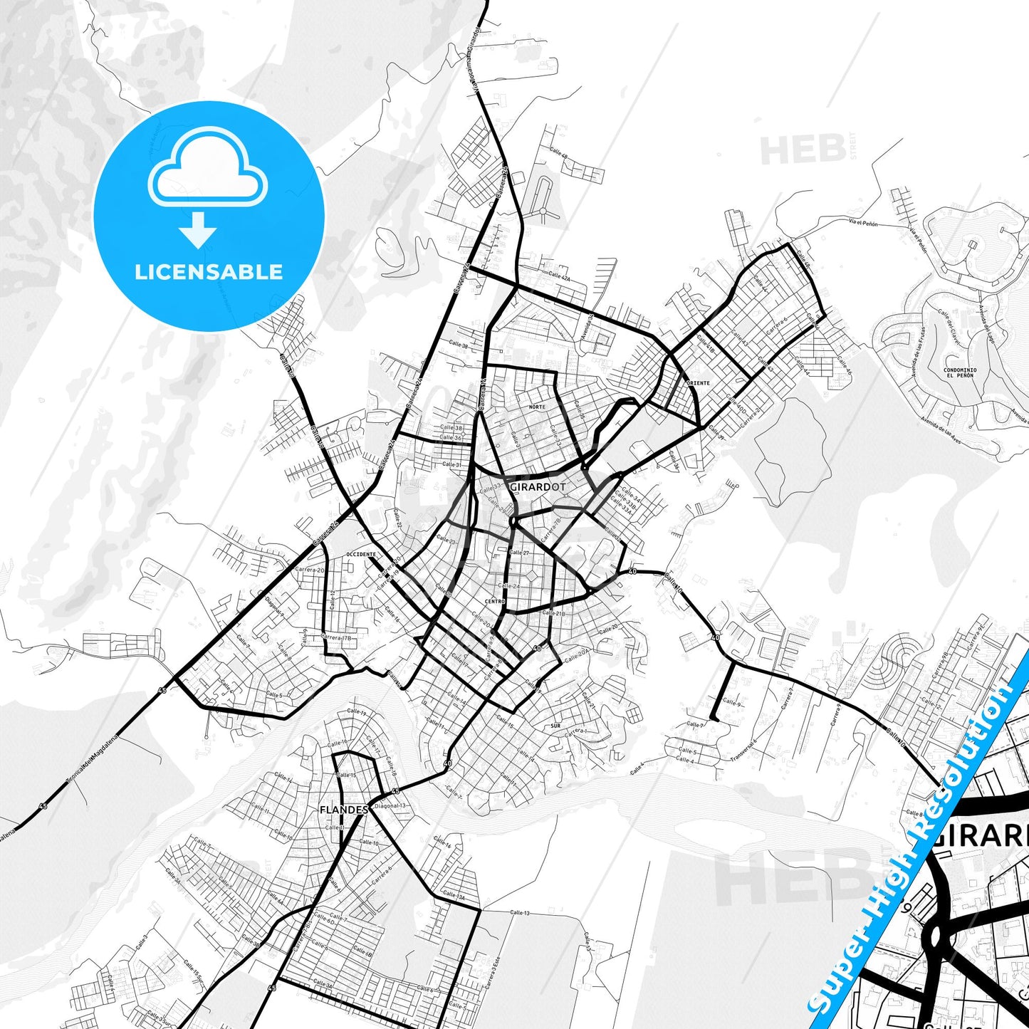 Girardot City, Colombia Light Map with Street Names, City Names, and Districts
