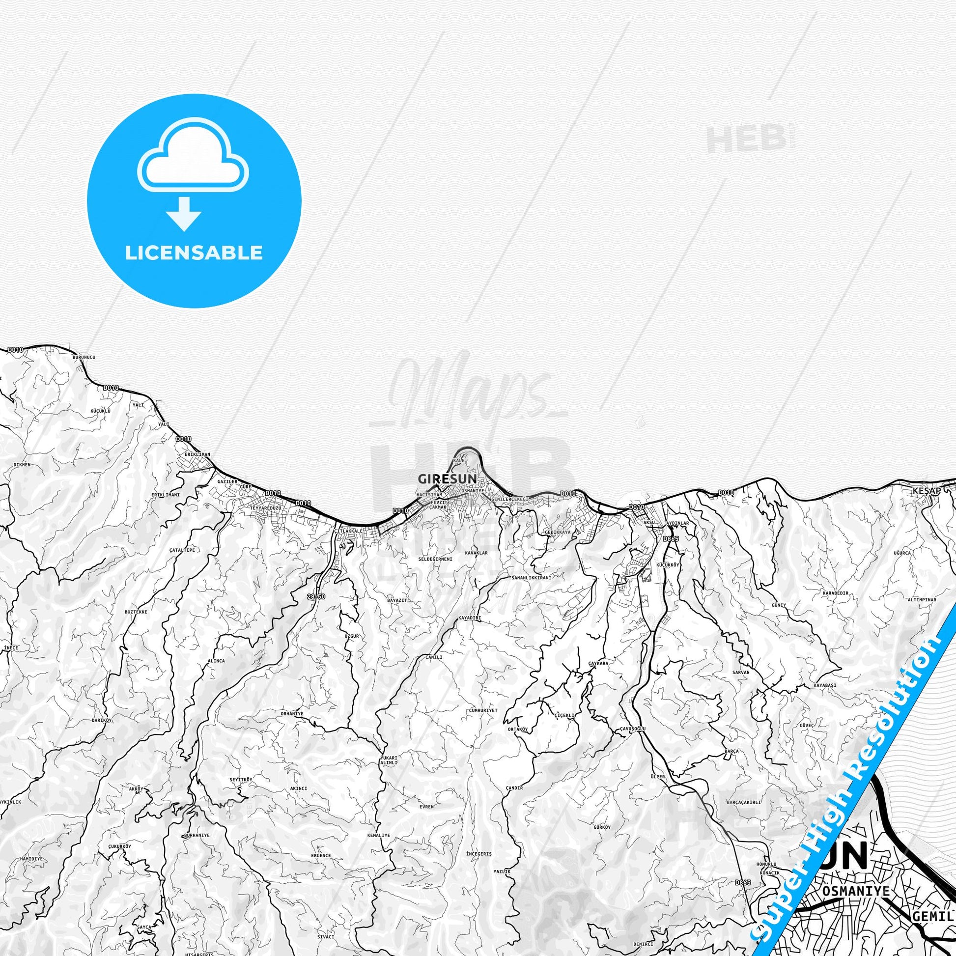 Giresun, Turkey light map with streetnames, citynames and districts