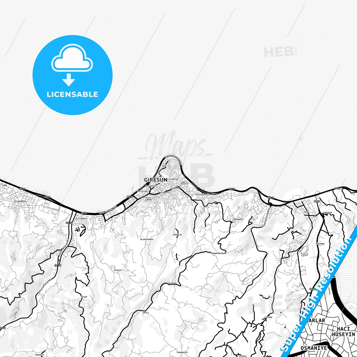 Giresun, Turkey Light Map with Street Names, City Names, and Districts