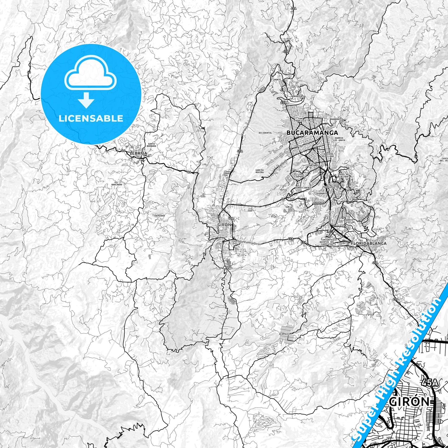 Giron, Colombia light map with streetnames, citynames and districts