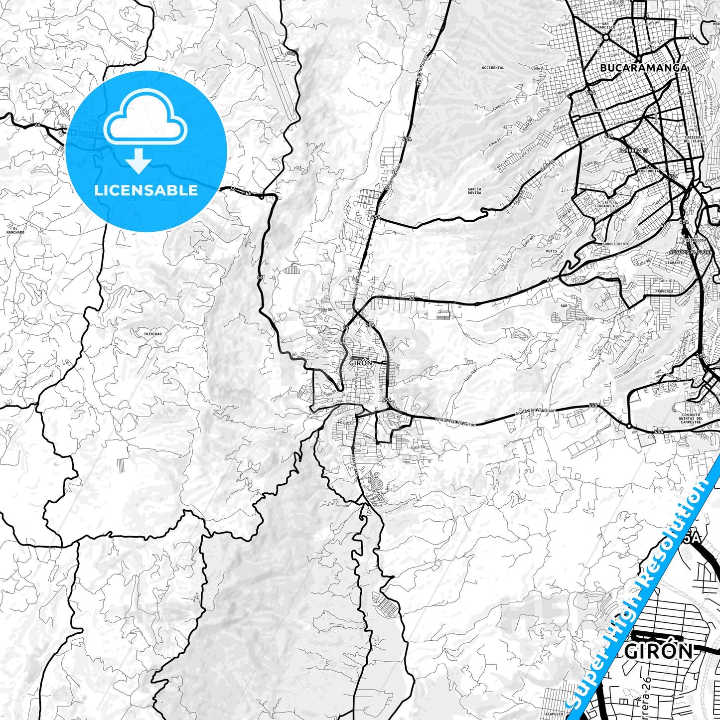 Giron, Colombia Light Map with Street Names, City Names, and Districts