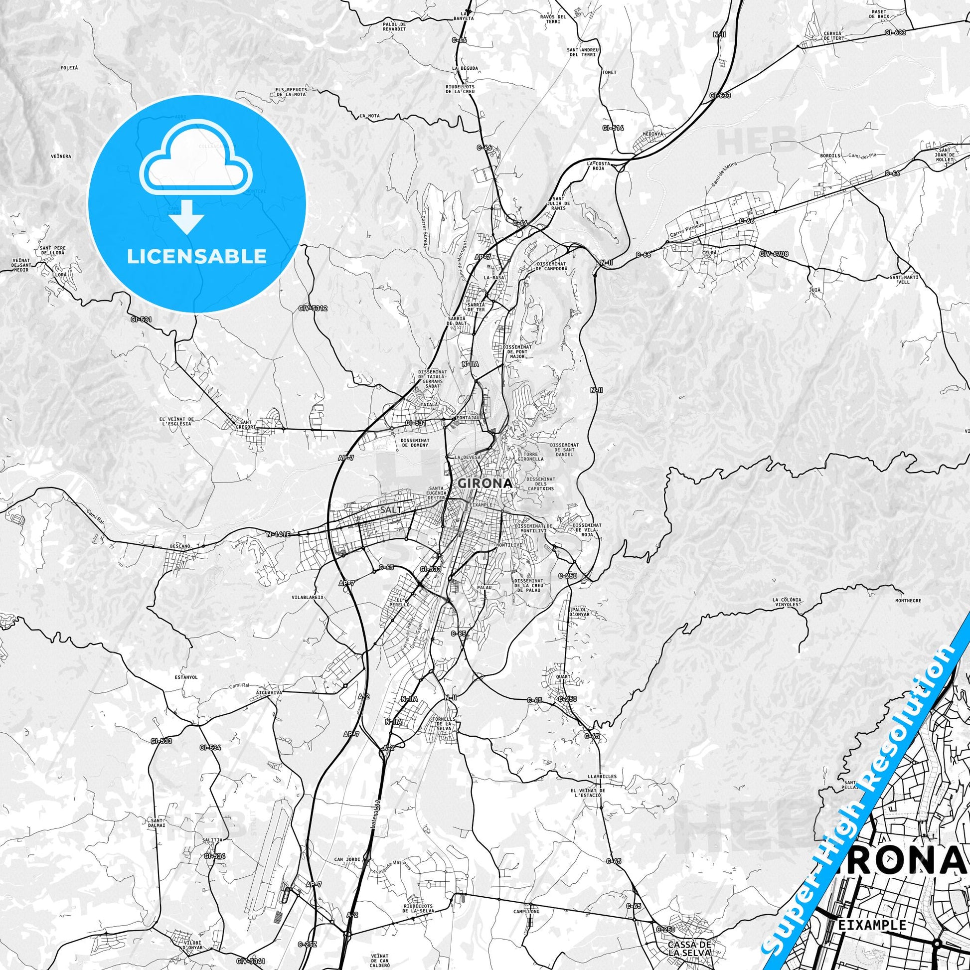 Girona, Spain light map with streetnames, citynames and districts
