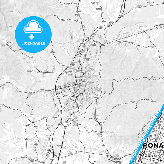 Girona, Spain light map with streetnames, citynames and districts