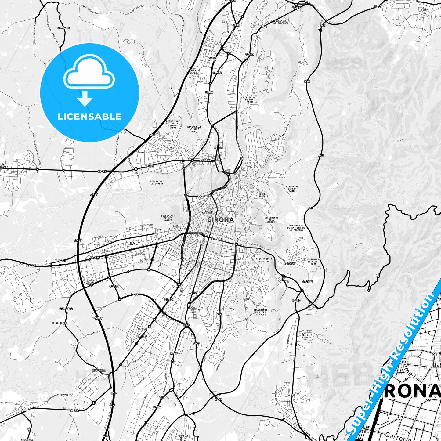 Girona, Spain Light Map with Street Names, City Names, and Districts