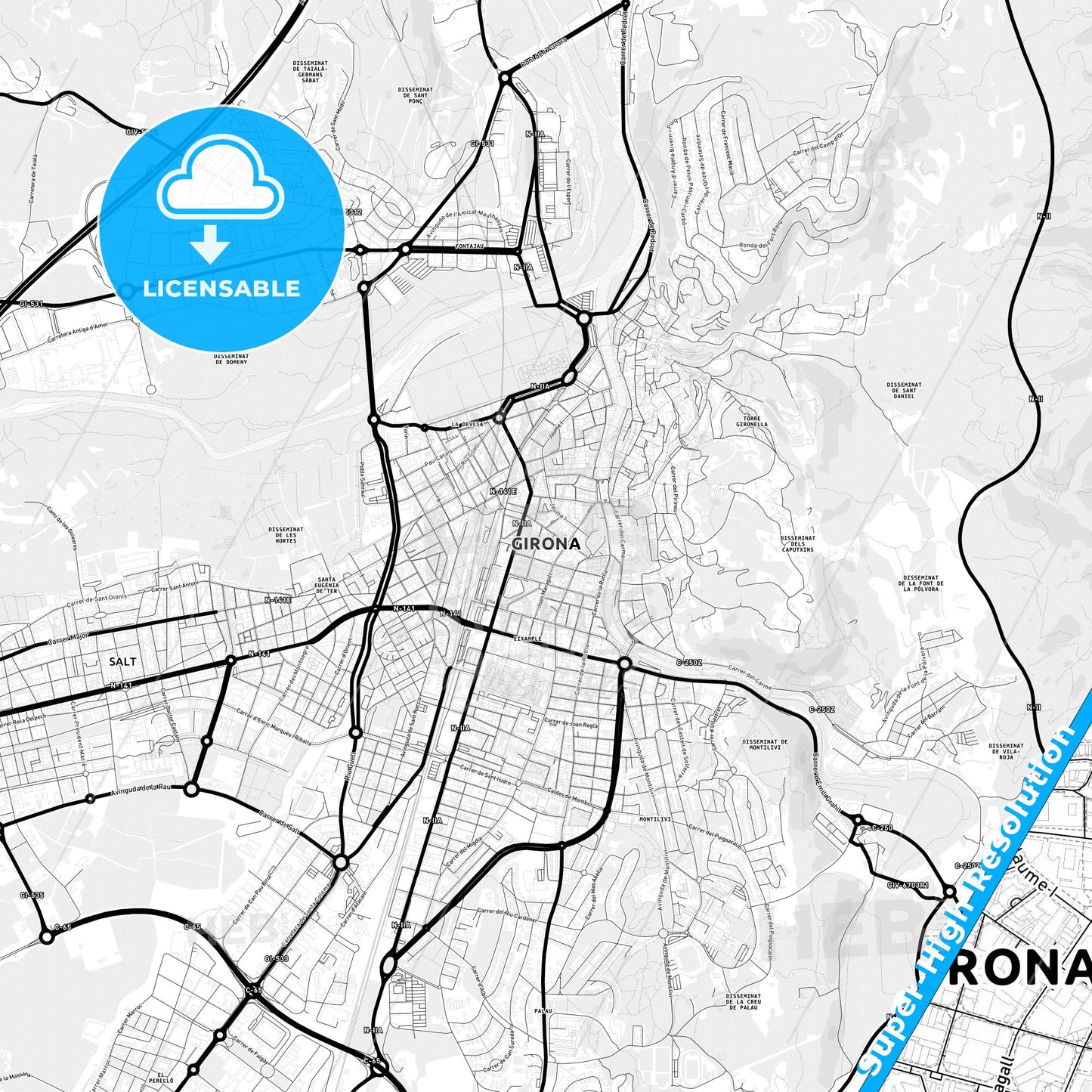 Girona, Spain Light Map with Street Names, City Names, and Districts