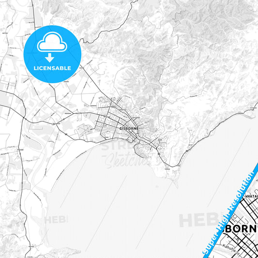 Gisborne, New Zealand light map with streetnames, citynames and districts