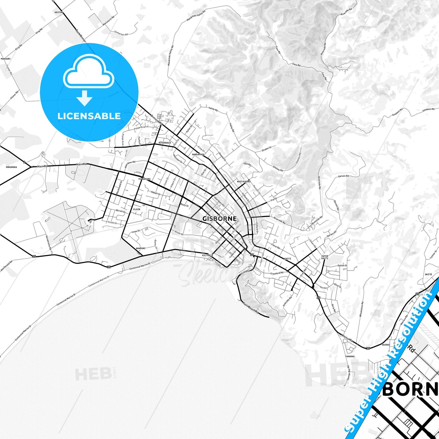 Gisborne, New Zealand Light Map with Street Names, City Names, and Districts