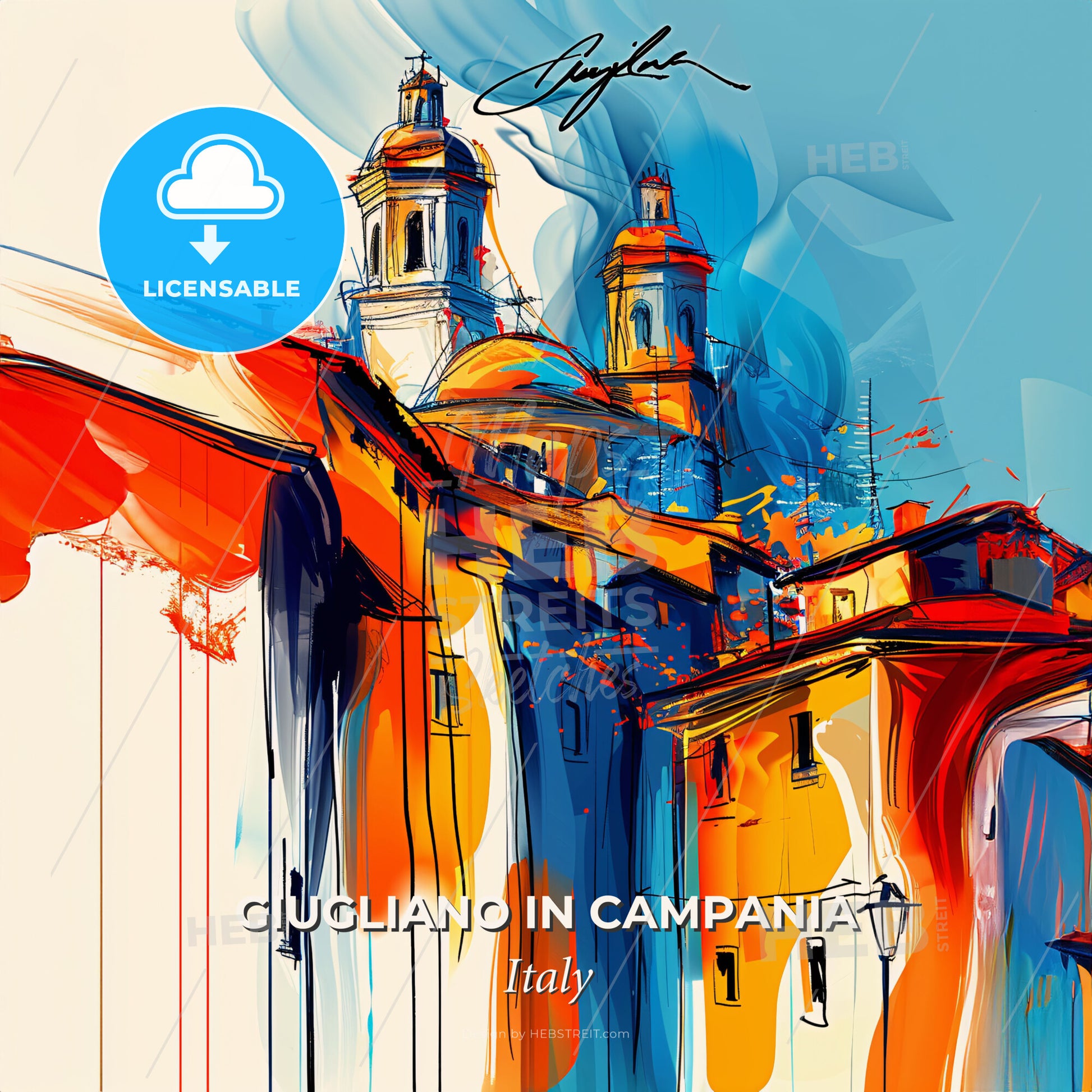 Vibrant Giugliano In Campania, Italy - A Painting Of A Building With A Dome And Towers - Square format print template