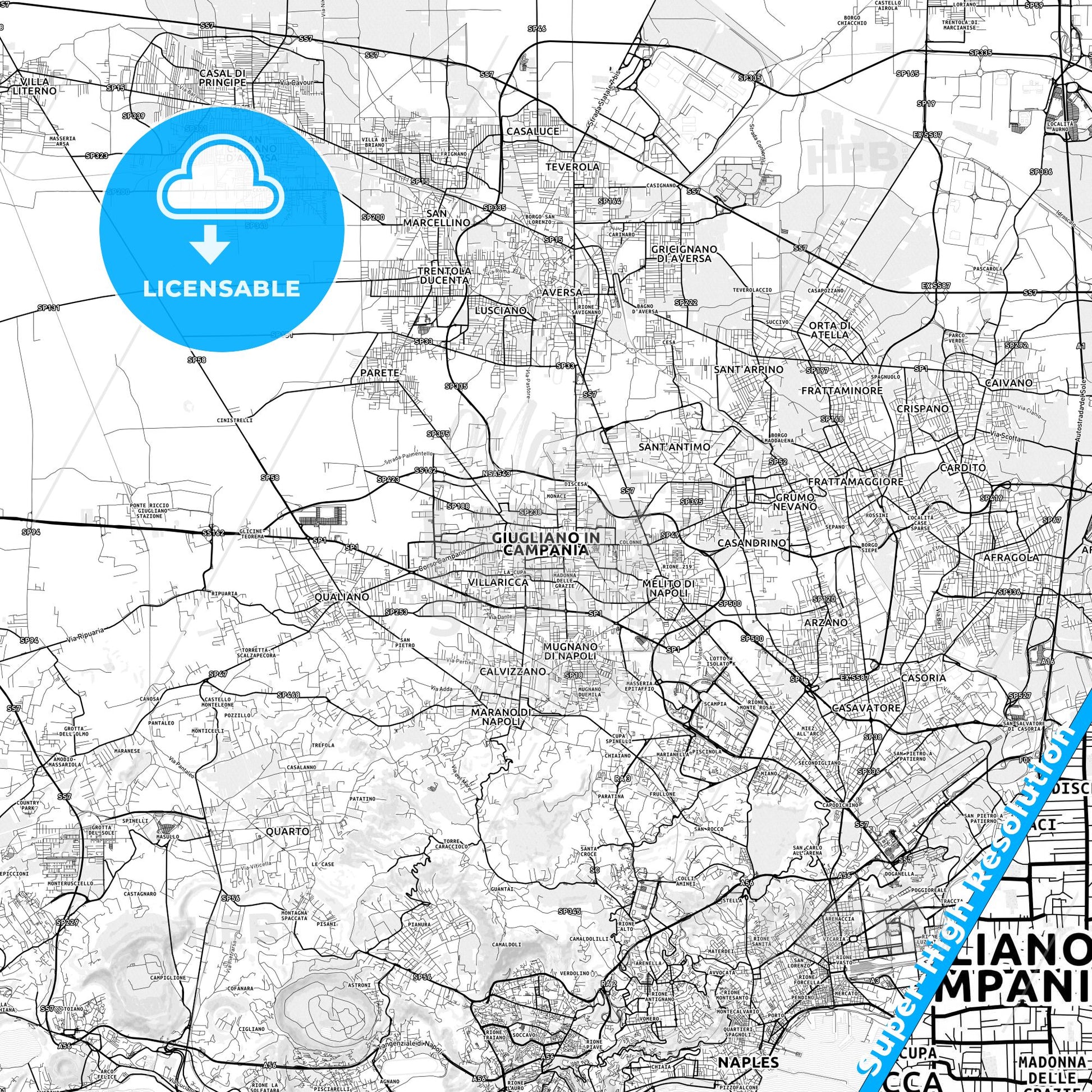 Giugliano in Campania, Italy light map with streetnames, citynames and districts