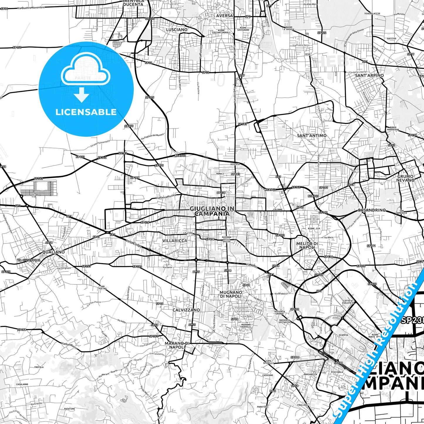 Giugliano in Campania, Italy Light Map with Street Names, City Names, and Districts