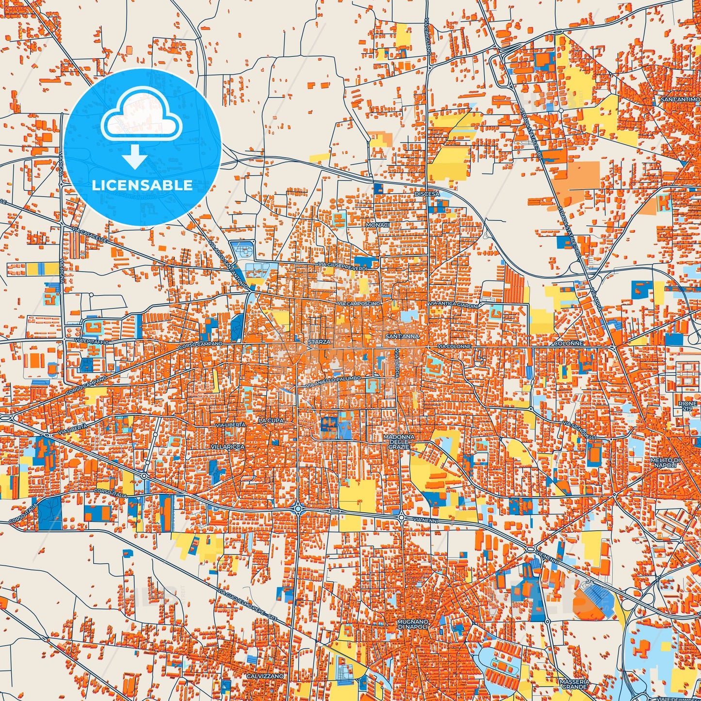 Colorful Giugliano in Campania Street Map with Labels and Buildings