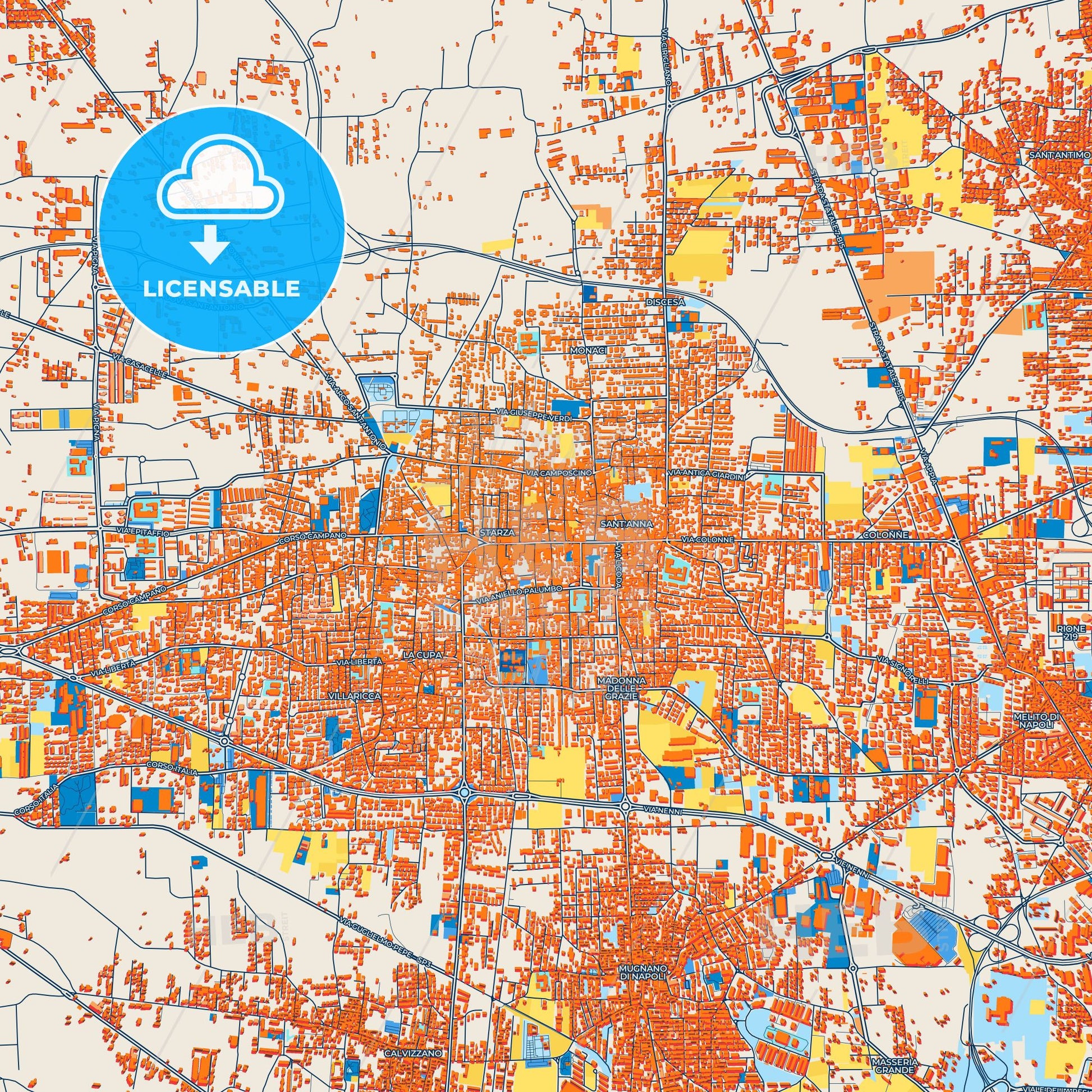 Colorful Giugliano in Campania Street Map with Labels and Buildings