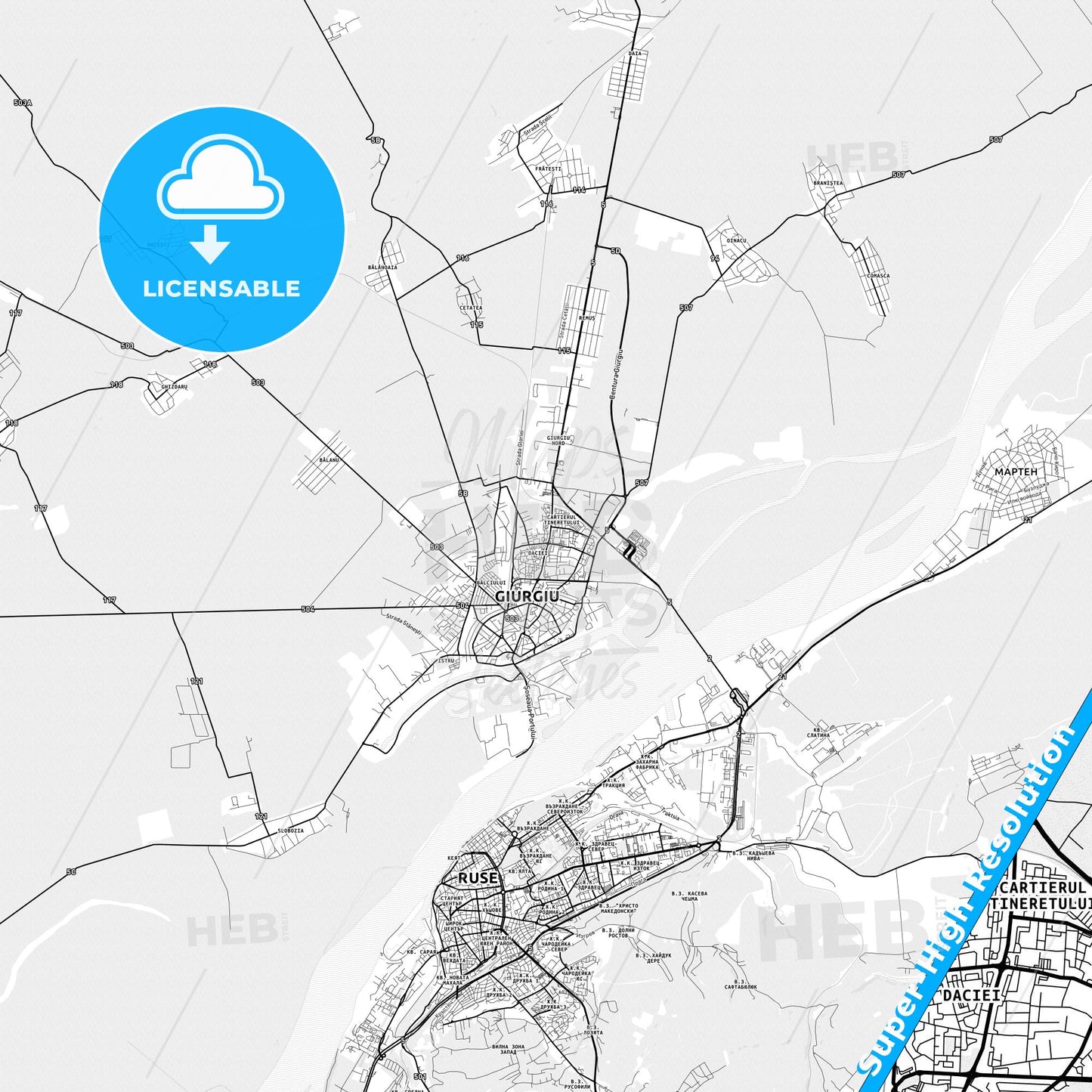 Giurgiu, Romania light map with streetnames, citynames and districts