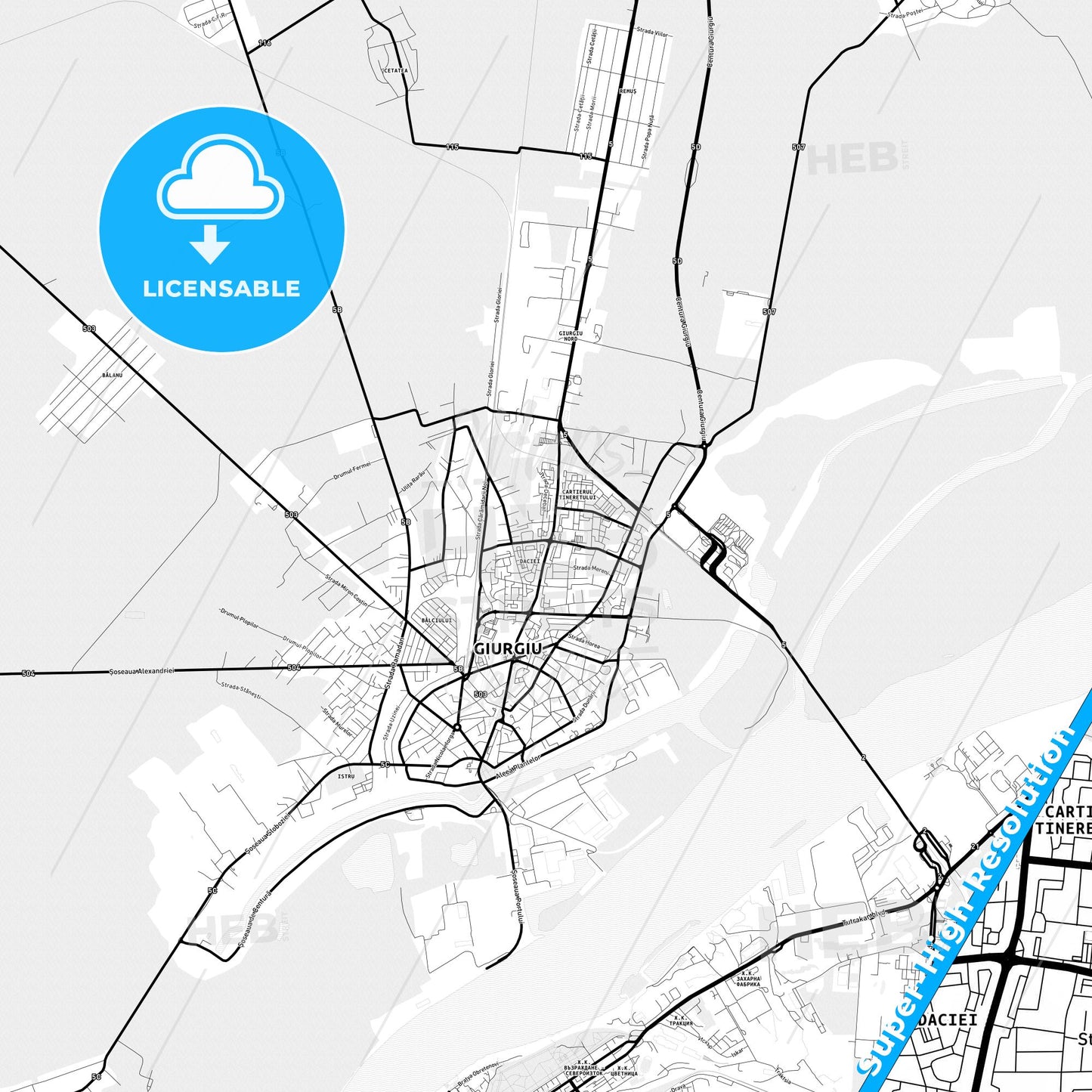Giurgiu, Romania Light Map with Street Names, City Names, and Districts