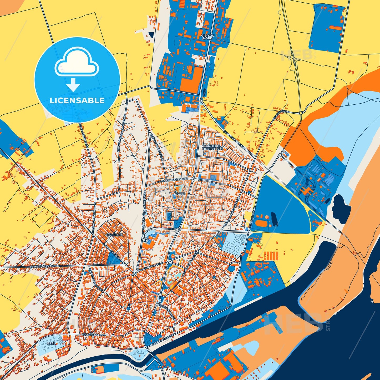 Colorful Giurgiu Street Map with Labels and Buildings