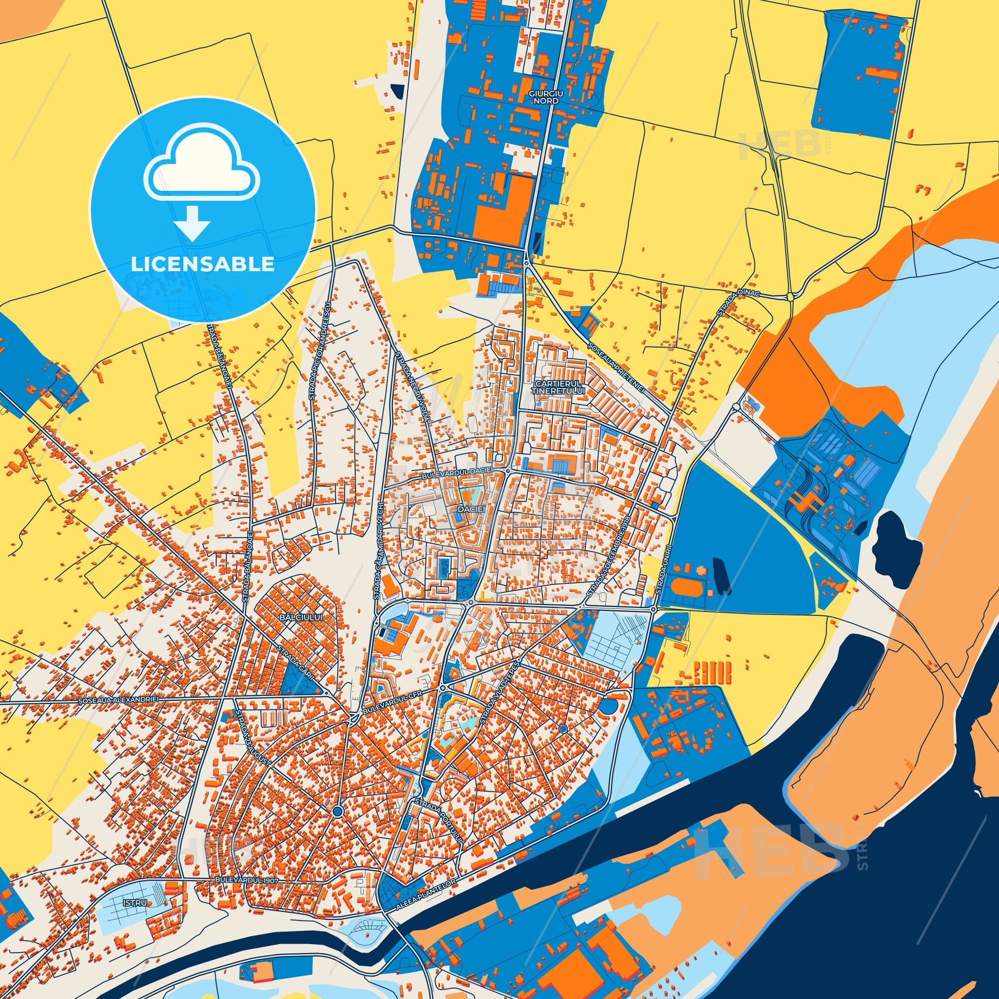 Colorful Giurgiu Street Map with Labels and Buildings