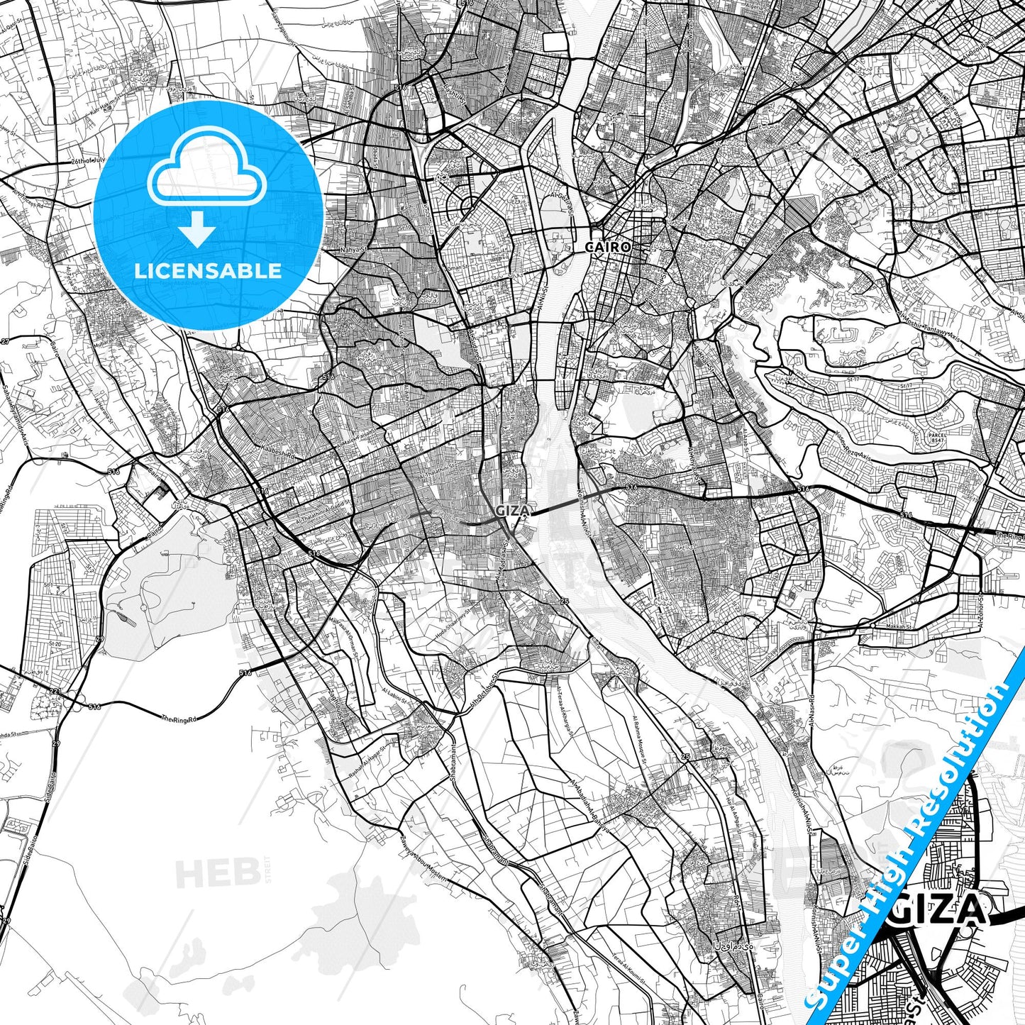 Giza, Egypt light map with streetnames, citynames and districts