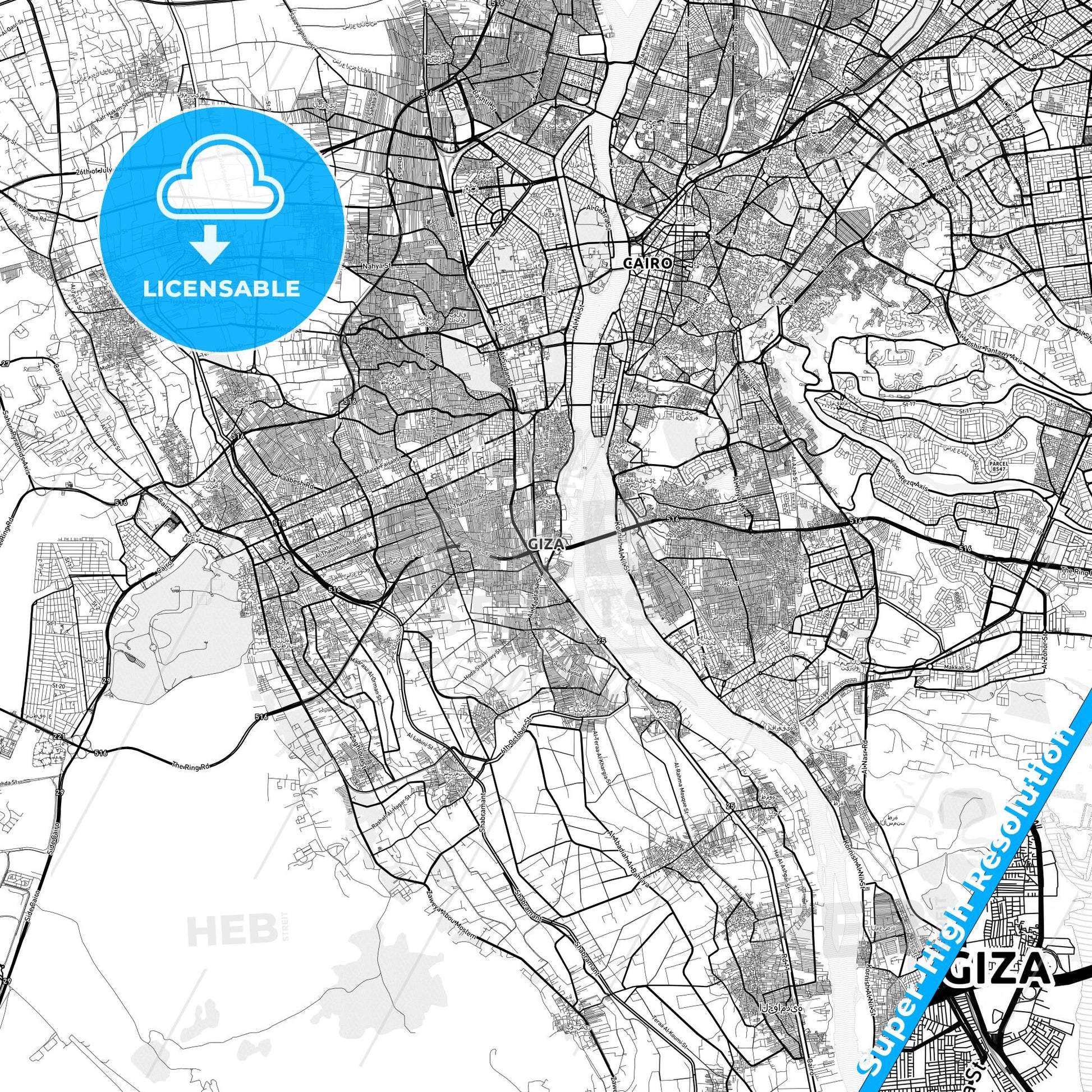 Giza, Egypt light map with streetnames, citynames and districts