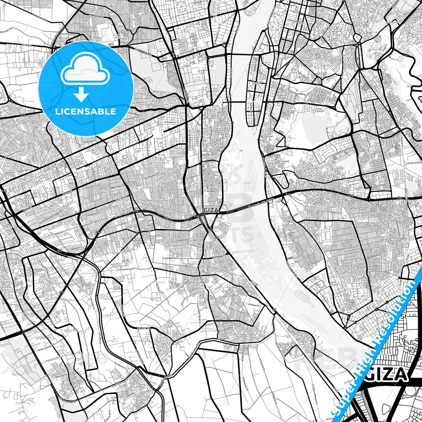 Giza, Egypt Light Map with Street Names, City Names, and Districts