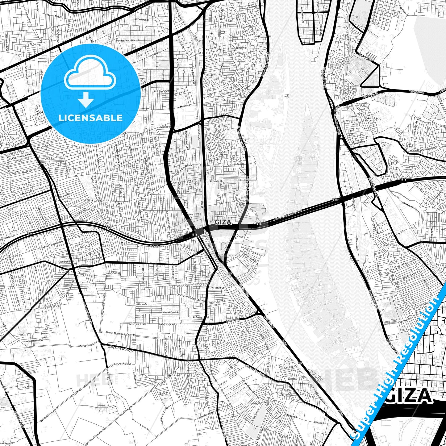 Giza, Egypt Light Map with Street Names, City Names, and Districts