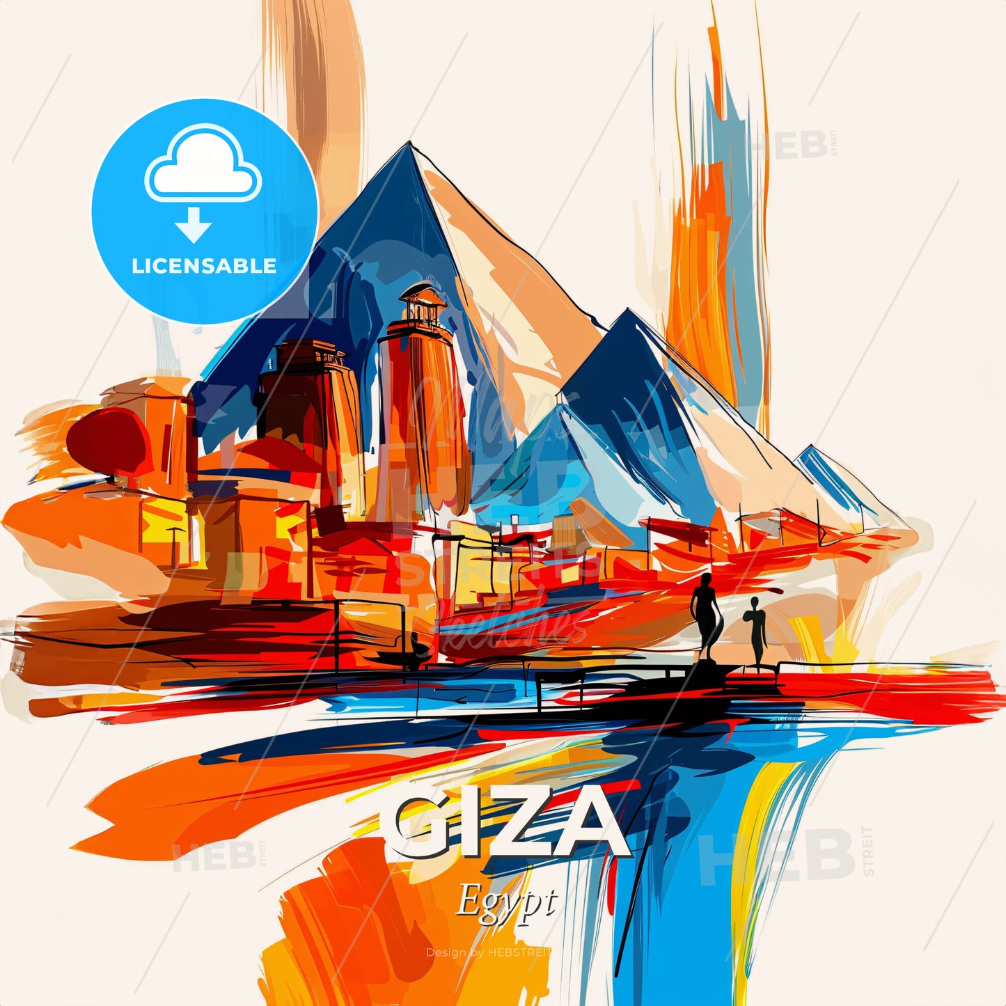 Vibrant Giza, Egypt - A Painting Of A City And Pyramids - Square format print template